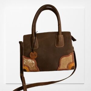 Brown leather crossbody bag with sunflowers